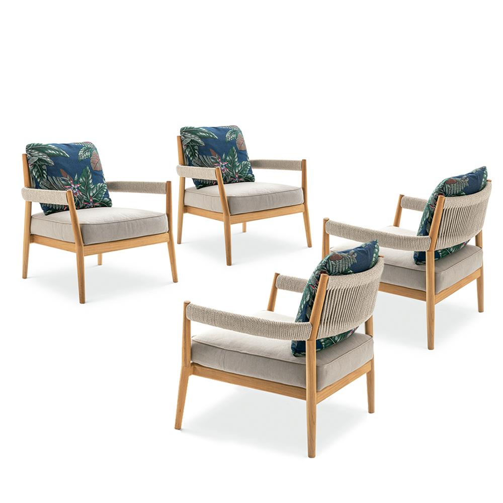 Armchairs designed by Rodolfo Dordoni in 2020. Manufactured by Cassina in Italy.

With its refined details and welcoming forms, the stackable Dine Out armchair has a solid teak frame embellished with a hand-woven grey polypropylene rope around the