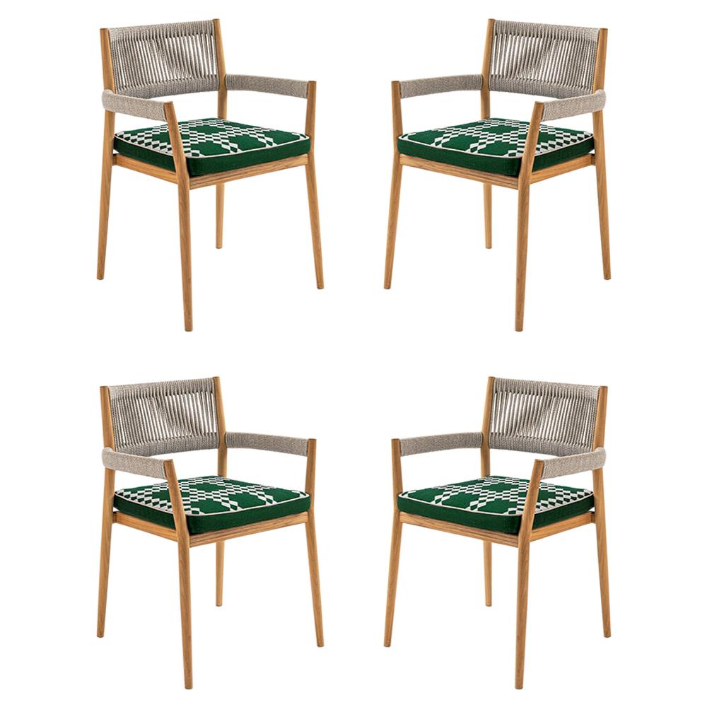Set of Four Rodolfo Dordoni ''Dine Out' Outside Chairs, Teak, Rope and Fabric