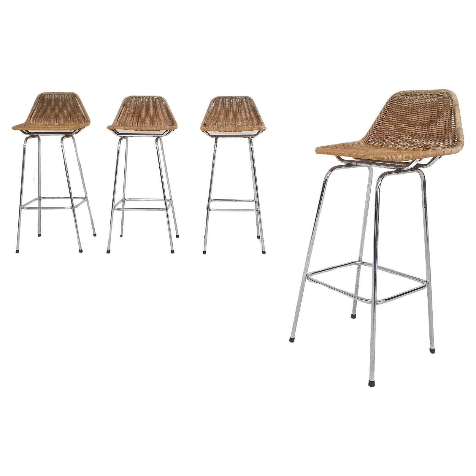 Set of four Rohe Noordwolde rattan and metal bar stools, The Netherlands 1950's