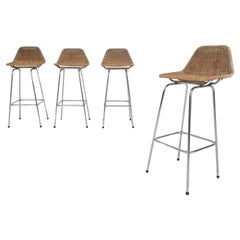 Vintage Set of four Rohe Noordwolde rattan and metal bar stools, The Netherlands 1950's