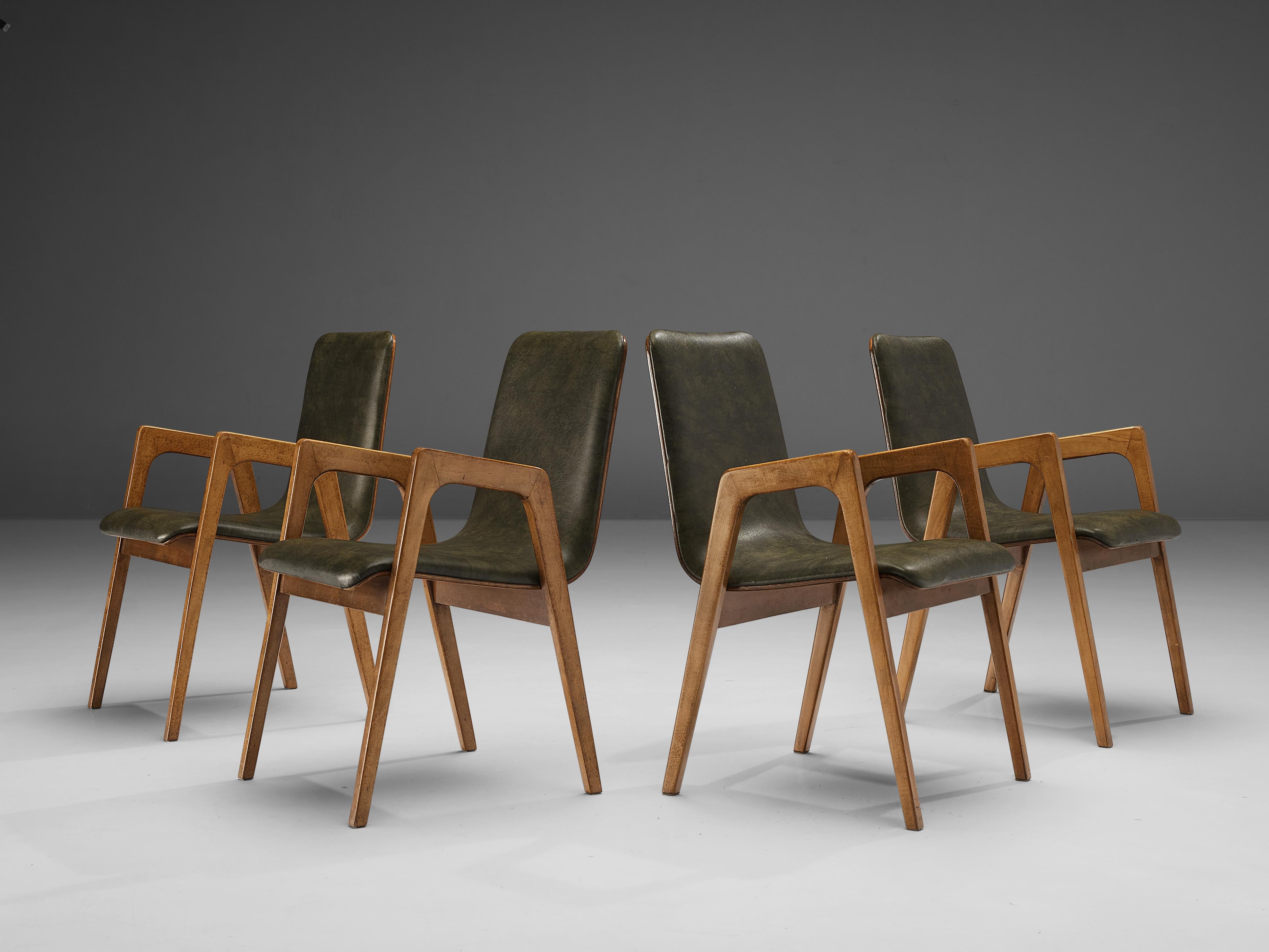 Leather Set of Four Roland Rainer Armchairs in Birch