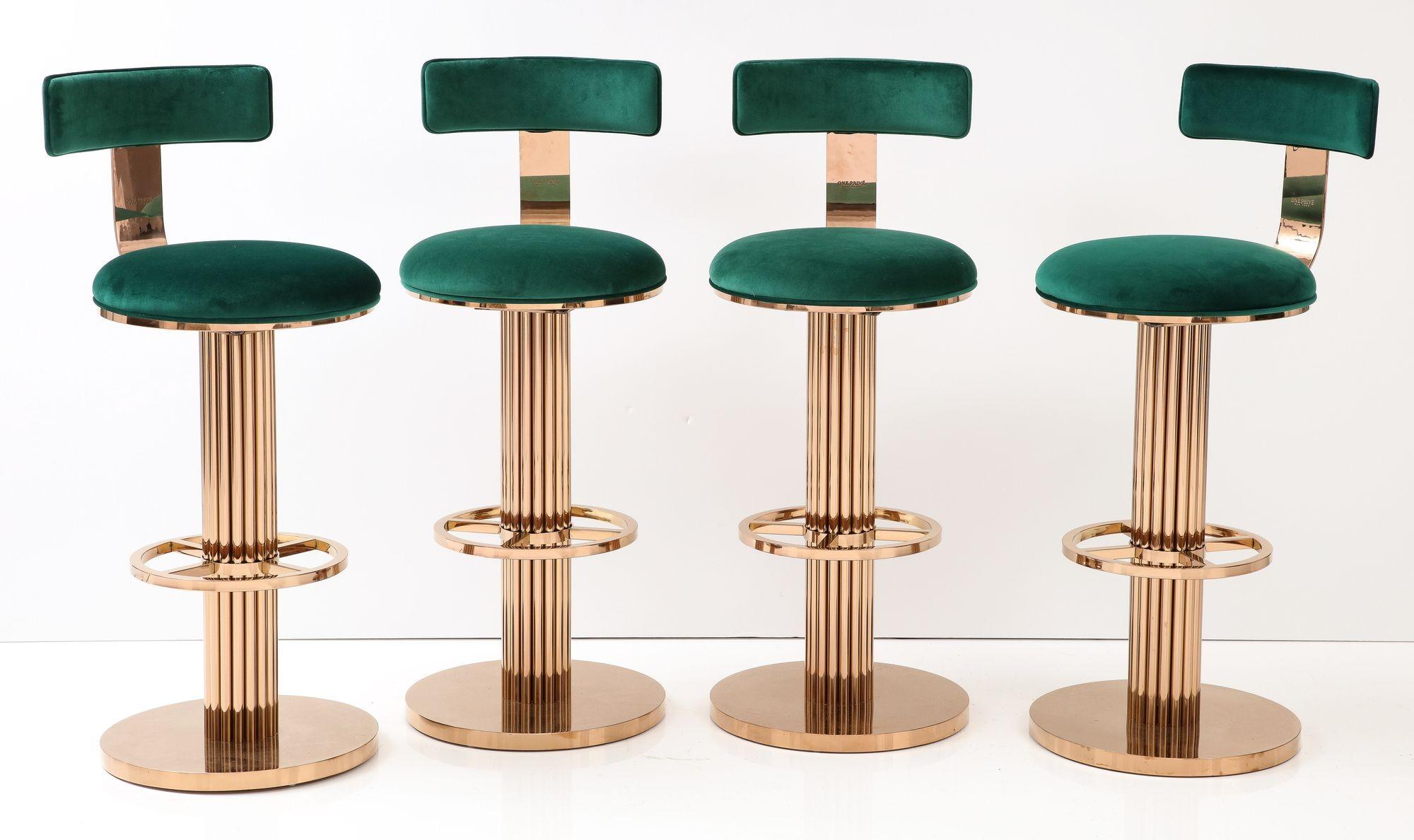 Art Deco Set of Four Rose Gold and Emerald Barstools in the Design For Leisure Style