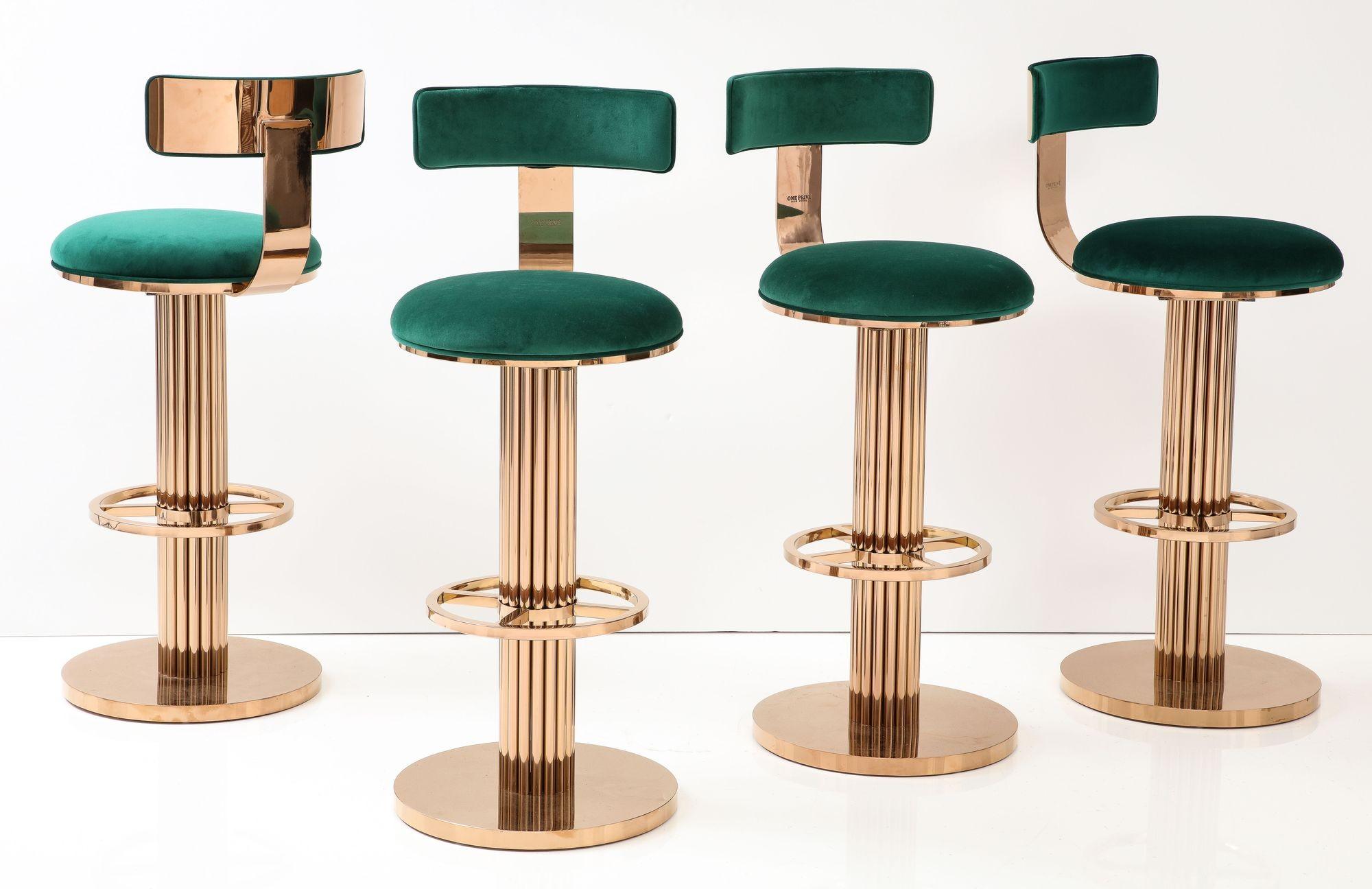 Set of Four Rose Gold and Emerald Barstools in the Design For Leisure Style In Good Condition In South Salem, NY