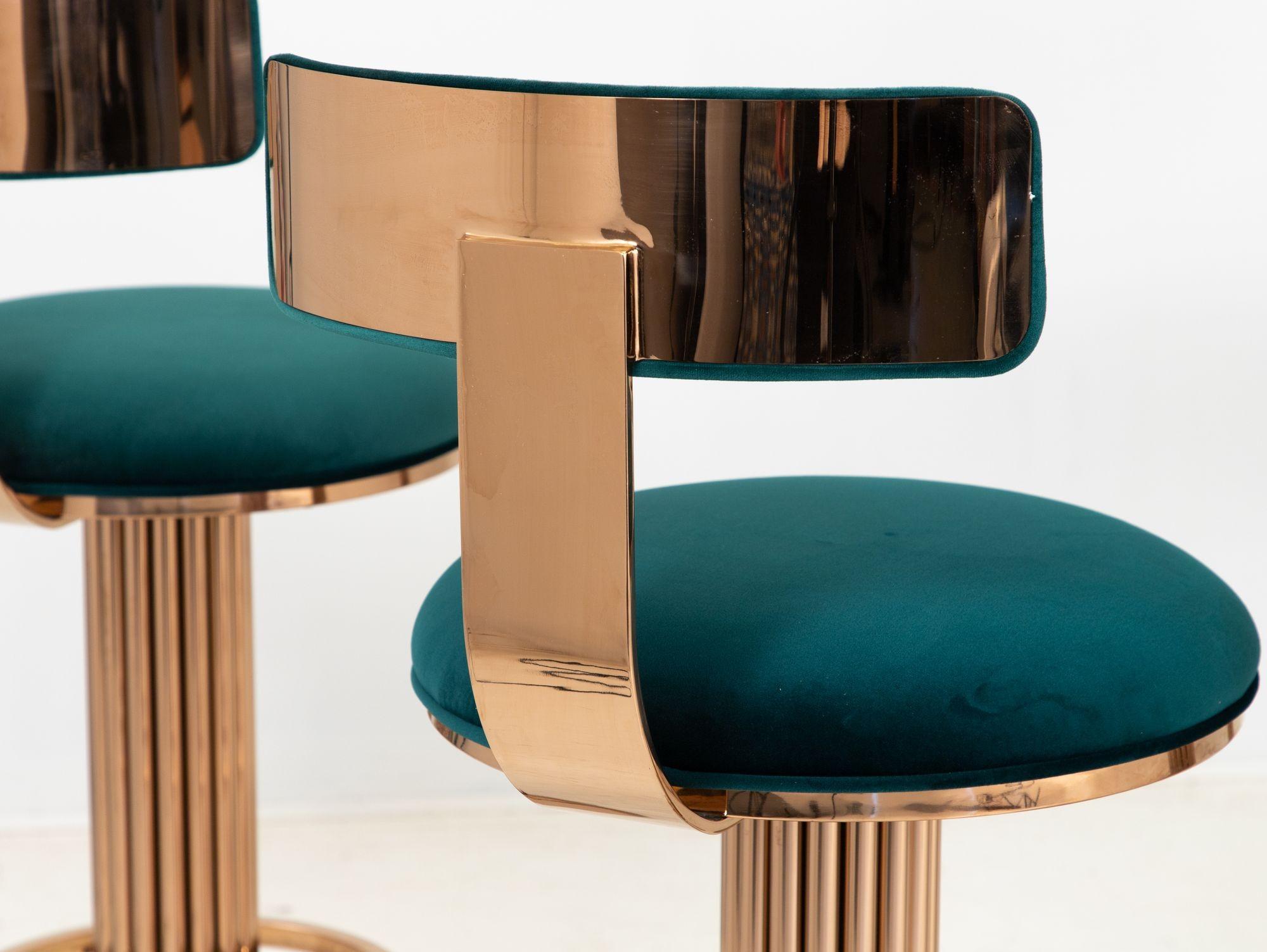 Art Deco Set of Four Rose Gold and Emerald Barstools in the Design For Leisure Style