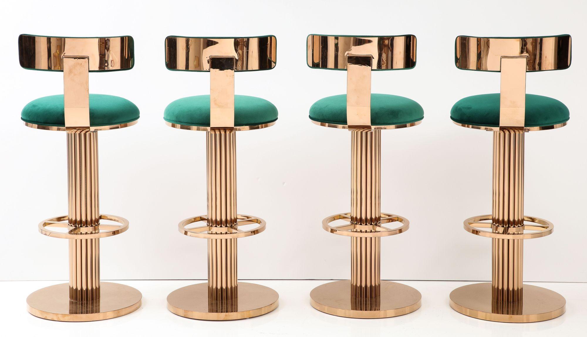 Set of Four Rose Gold and Emerald Barstools in the Design For Leisure Style 1