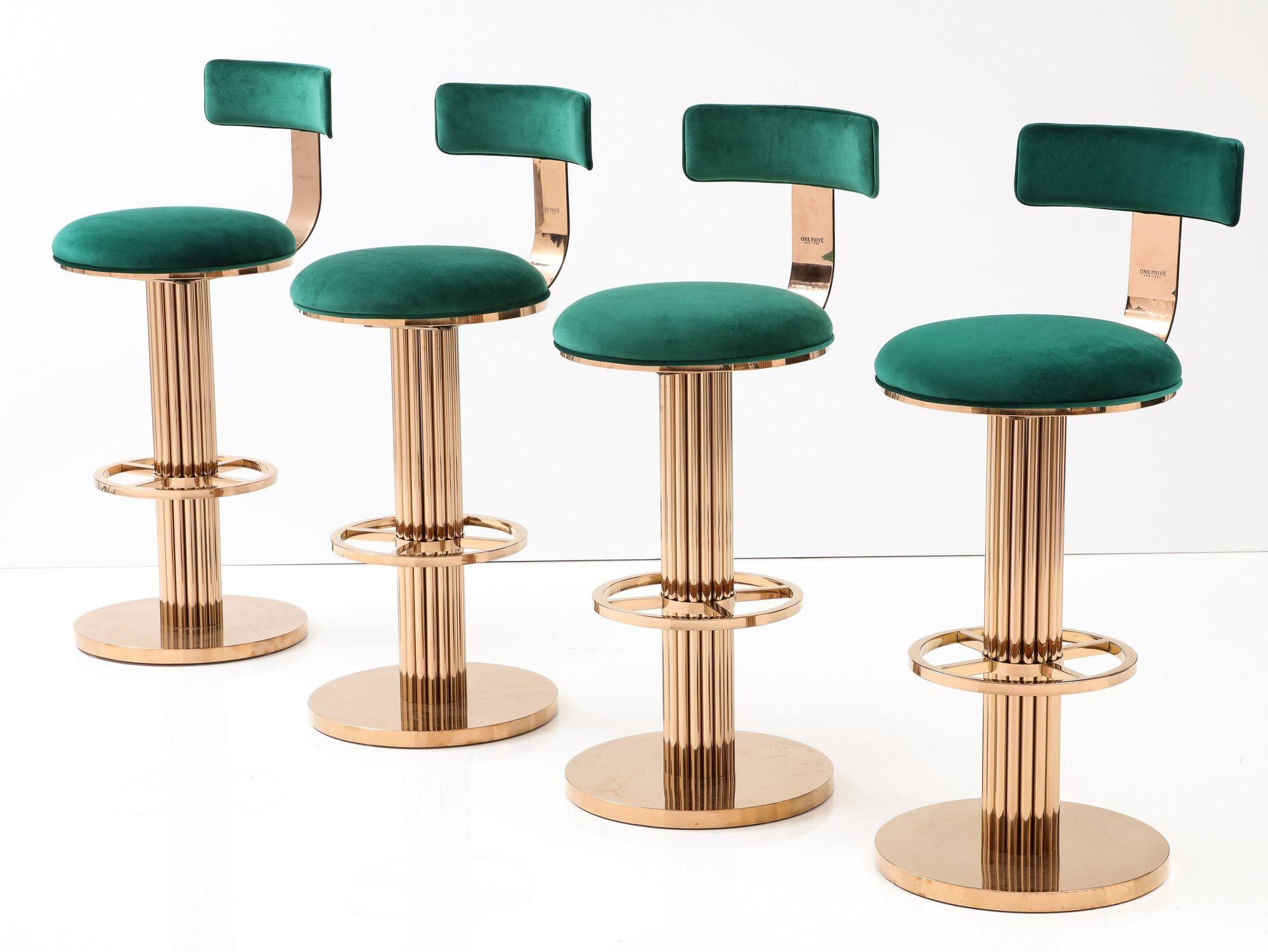 Set of Four Rose Gold and Emerald Barstools in the Design For Leisure Style 2