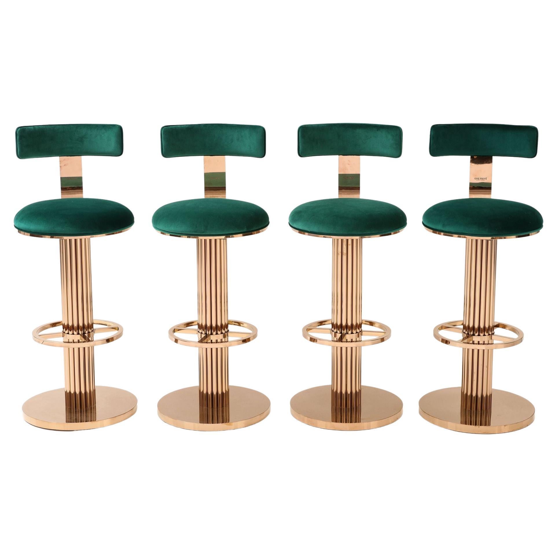 Set of Four Rose Gold and Emerald Barstools in the Design For Leisure Style