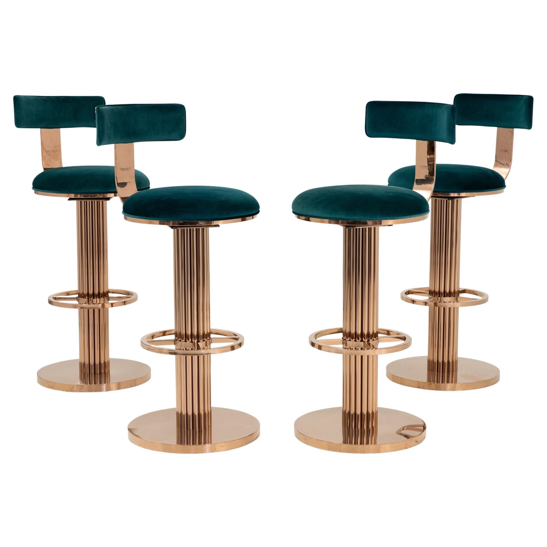 Set of Four Rose Gold and Emerald Barstools in the Design For Leisure Style