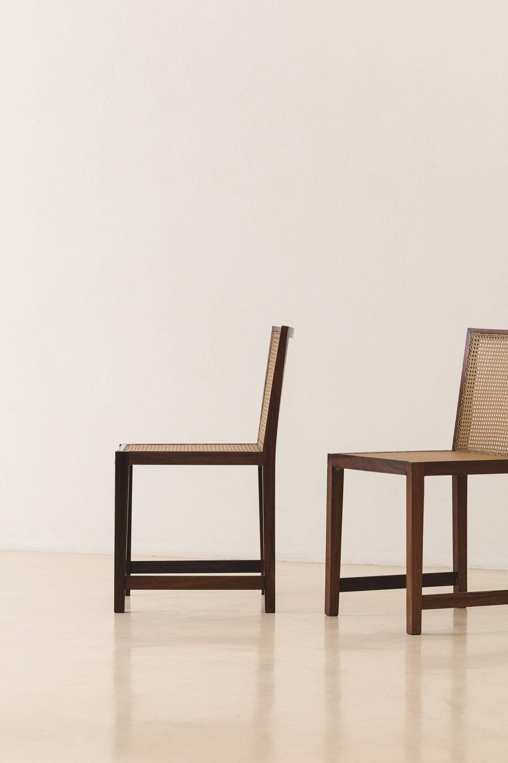 Set of Four Rosewood and Cane Dining Chairs, Brazilian Midcentury Design, 1960s For Sale 5