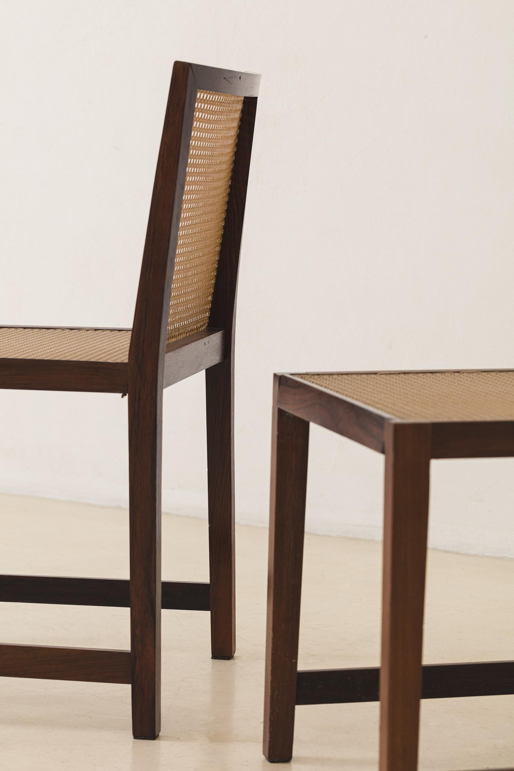 Set of Four Rosewood and Cane Dining Chairs, Brazilian Midcentury Design, 1960s For Sale 7