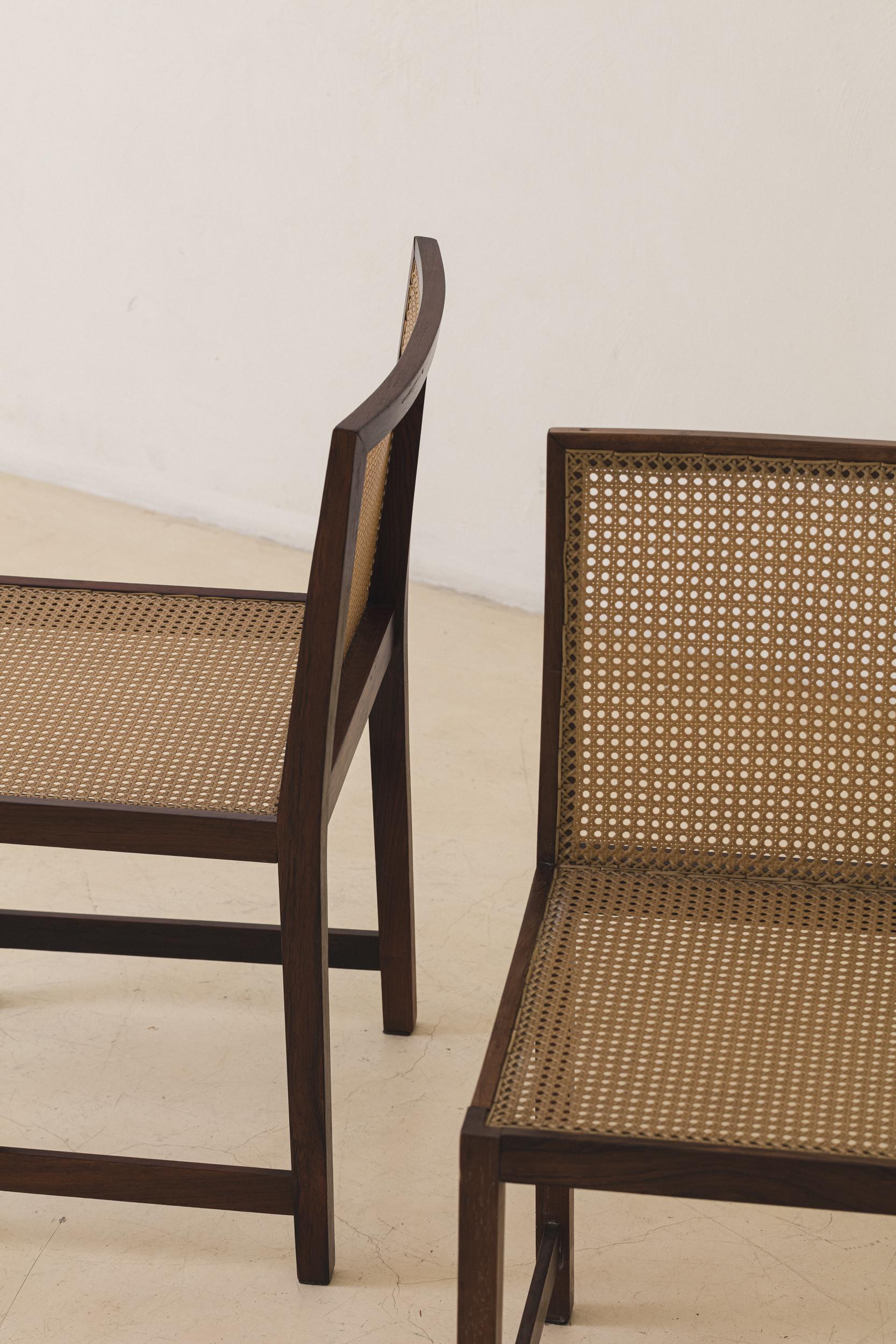Set of Four Rosewood and Cane Dining Chairs, Brazilian Midcentury Design, 1960s For Sale 11