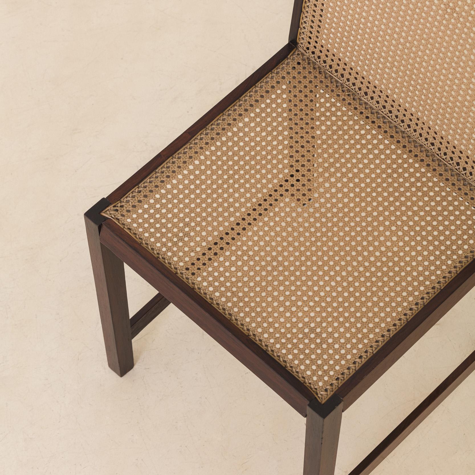 This set comprises four chairs produced in the 1960s, with authorship still in research by our team. In the market flow, many small manufacturers were inspired by the vanguard production, with Brazilian materials and the 
