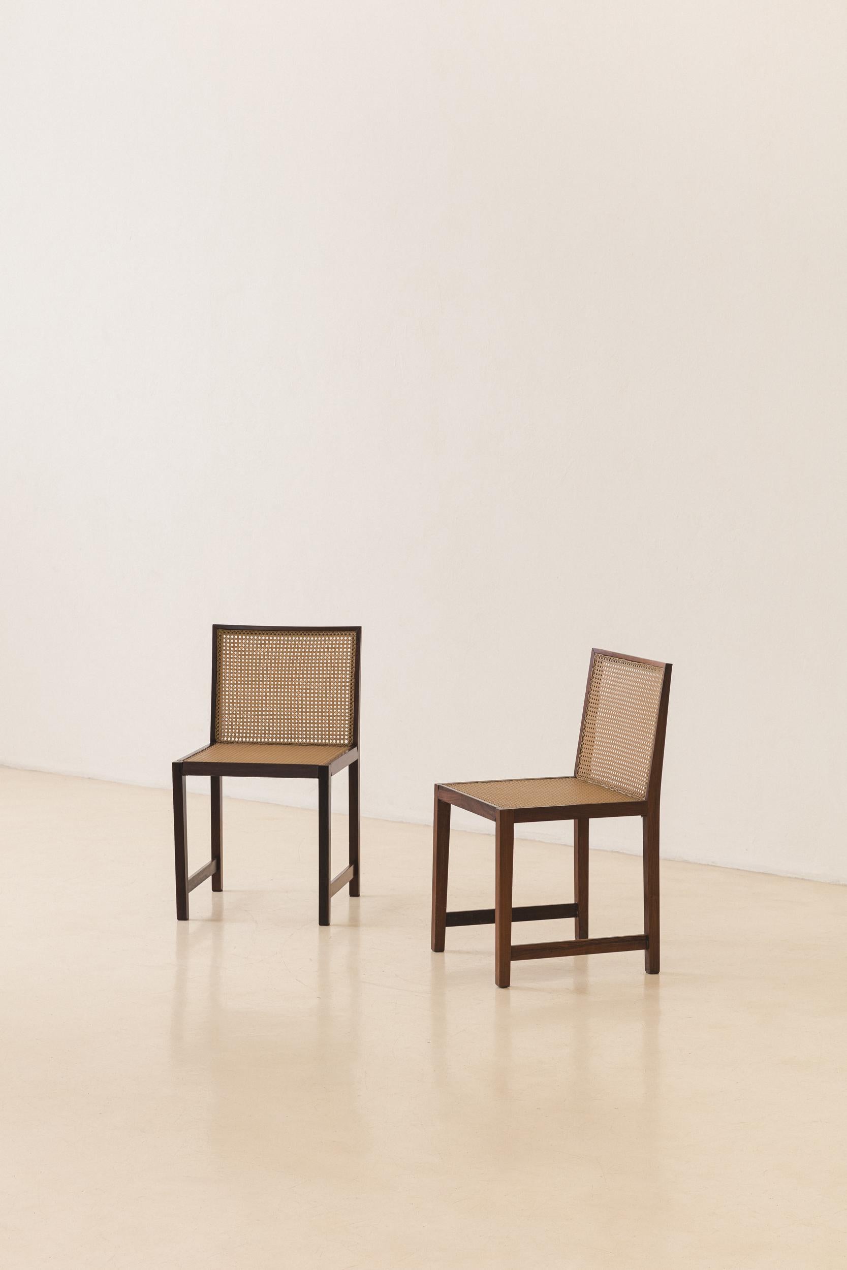 Mid-20th Century Set of Four Rosewood and Cane Dining Chairs, Brazilian Midcentury Design, 1960s For Sale