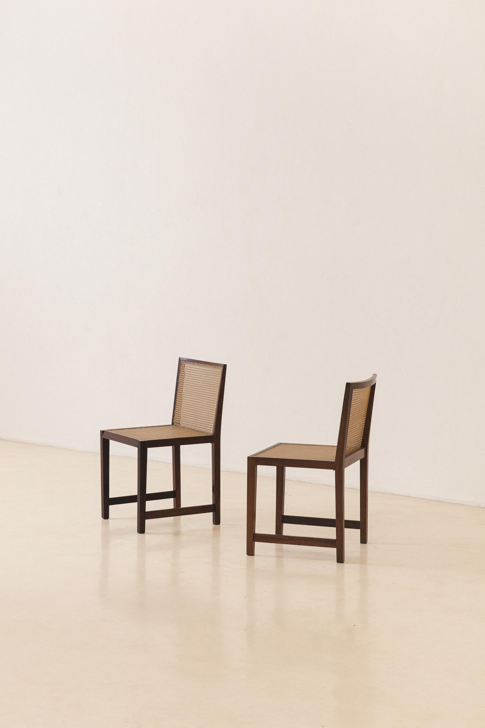 Set of Four Rosewood and Cane Dining Chairs, Brazilian Midcentury Design, 1960s For Sale 2