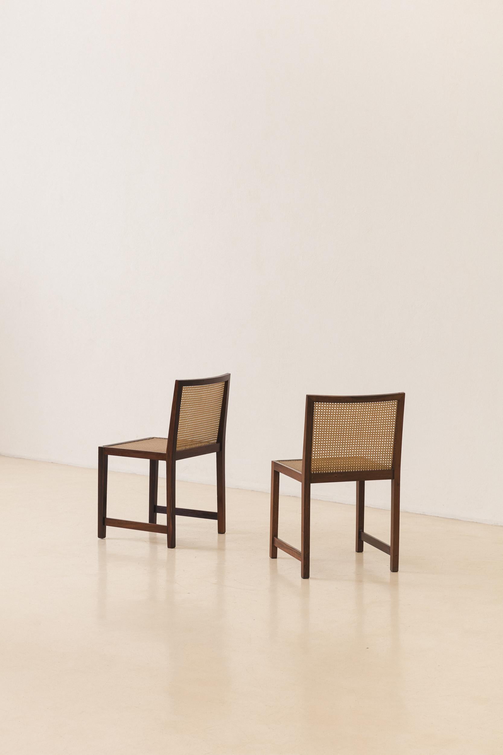 Set of Four Rosewood and Cane Dining Chairs, Brazilian Midcentury Design, 1960s For Sale 3