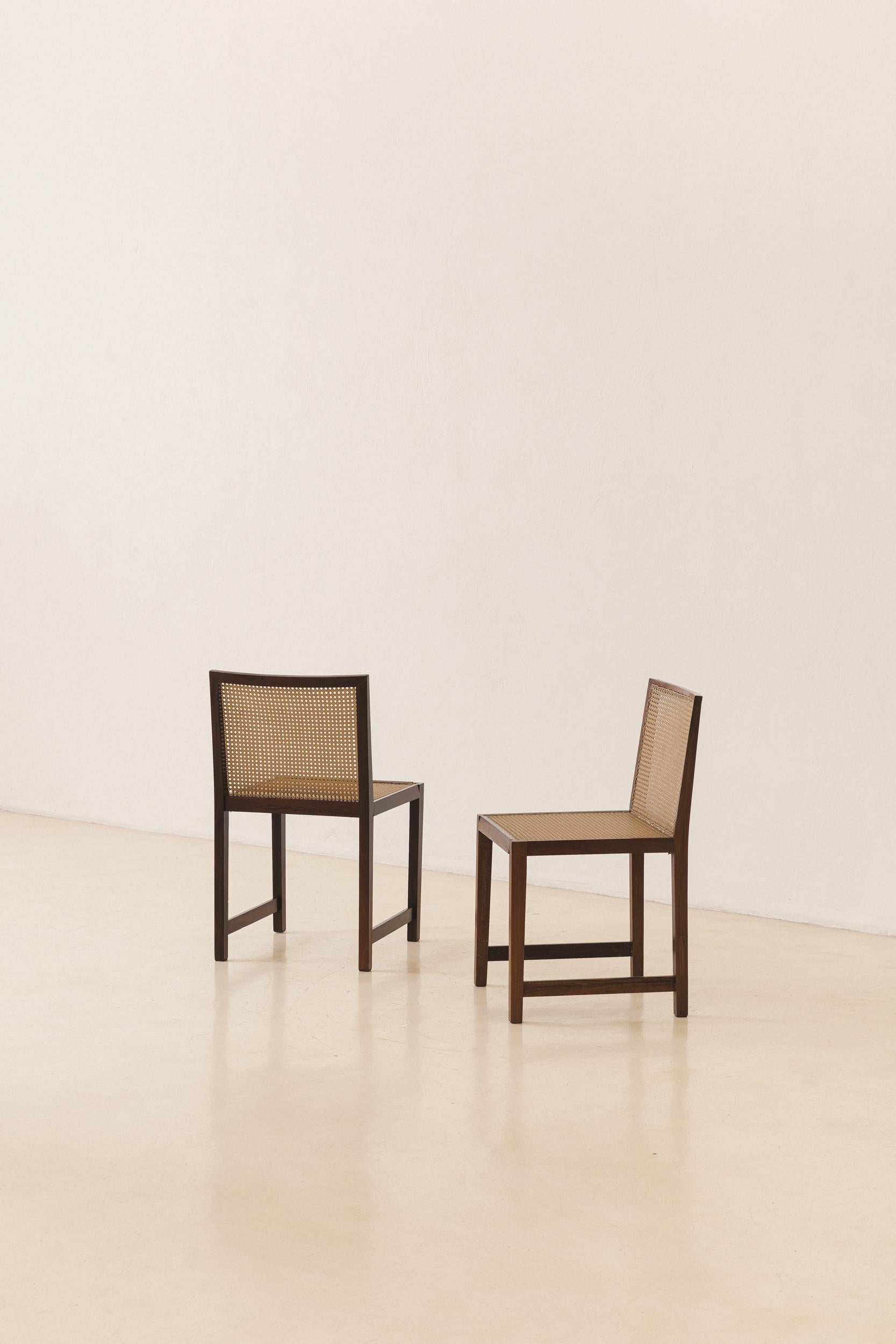Set of Four Rosewood and Cane Dining Chairs, Brazilian Midcentury Design, 1960s For Sale 4