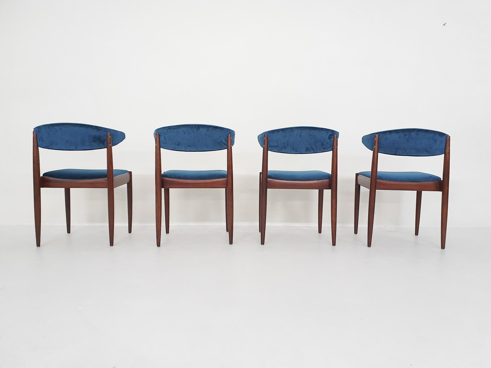 Fabric Set of Four Rosewood and Velvet Dining Chairs by Topform, the Netherlands 1950's For Sale