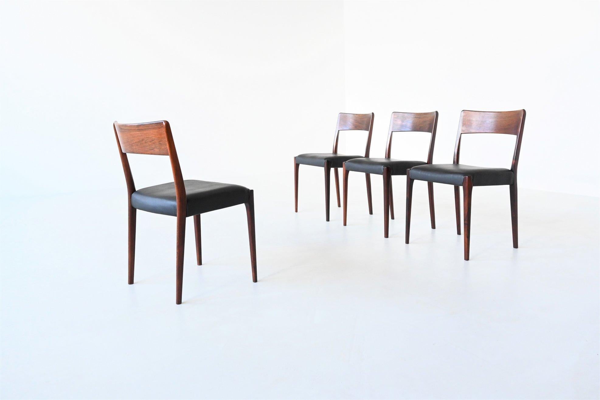 Faux Leather Set of Four Rosewood Dining Chairs Hornslet Mobelfabrik Denmark 1960