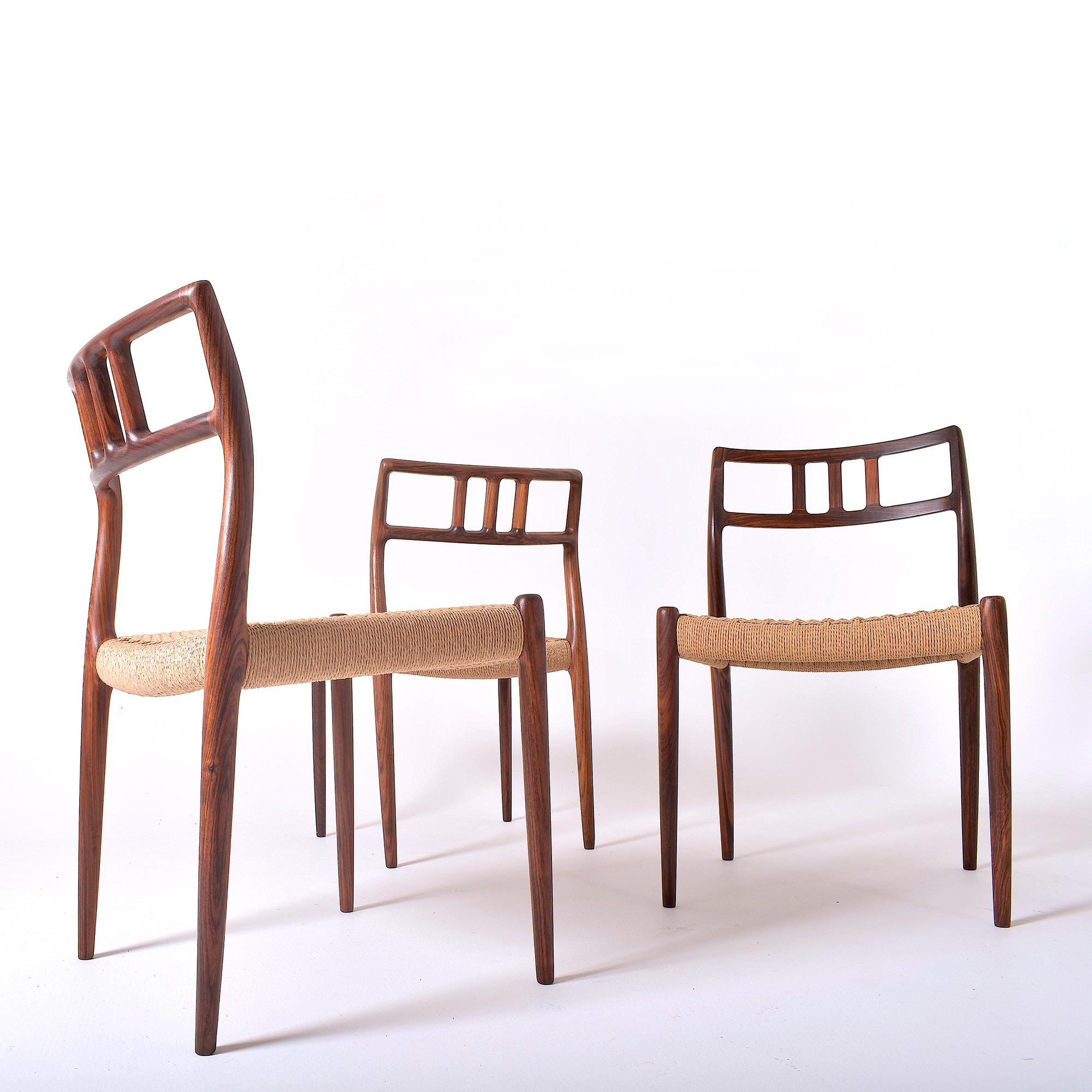 Nice set of 4 Danish dining chairs, in beautiful condition, oil finished wood and freshly renewed papercord seats. Designed by Niels Otto Moller for J.L. Møllers Møbelfabrik in Denmark, circa 1968.