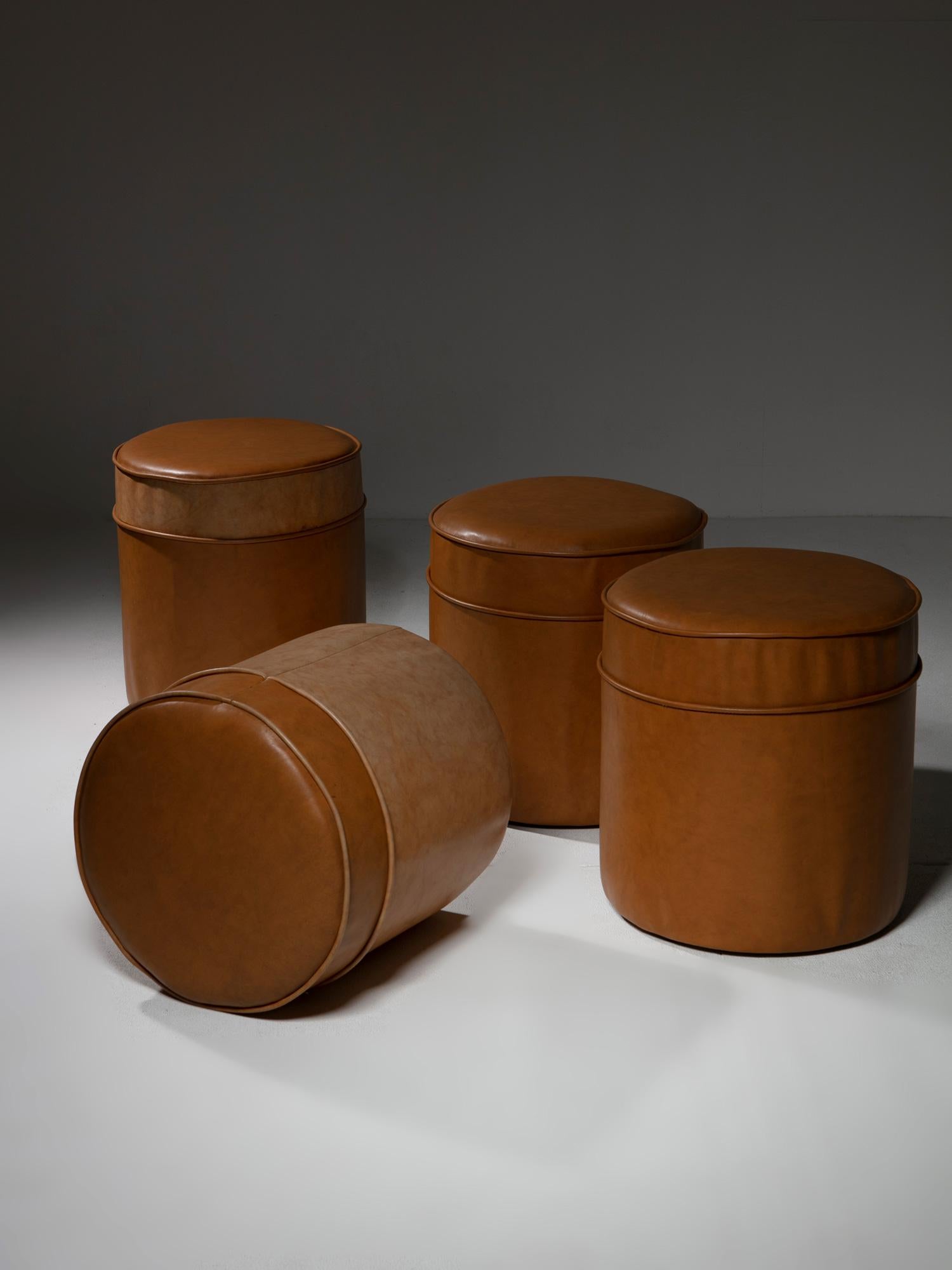 Italian Set of Four Round Leather Stools, Italy, 1970s For Sale