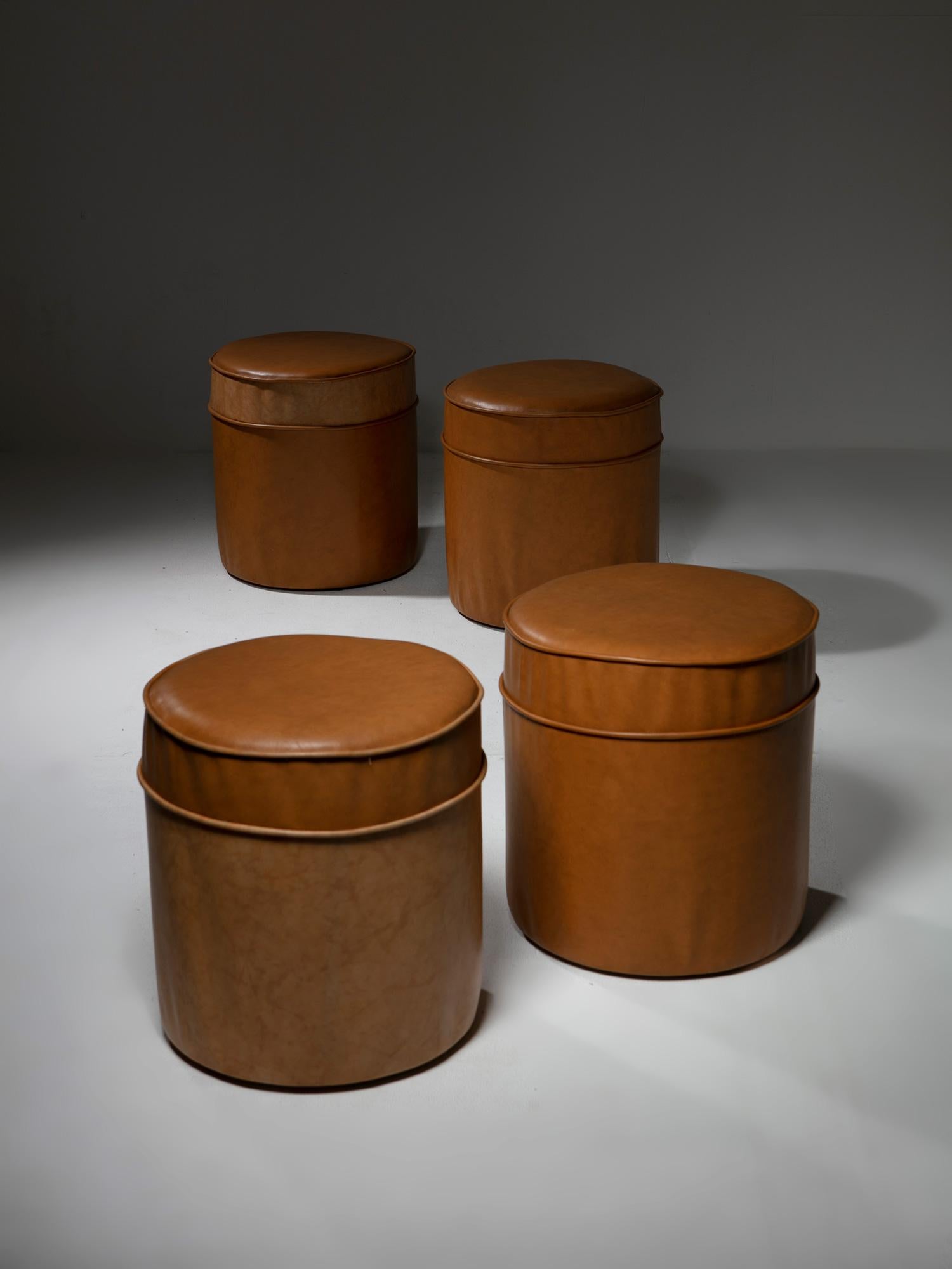 Late 20th Century Set of Four Round Leather Stools, Italy, 1970s For Sale