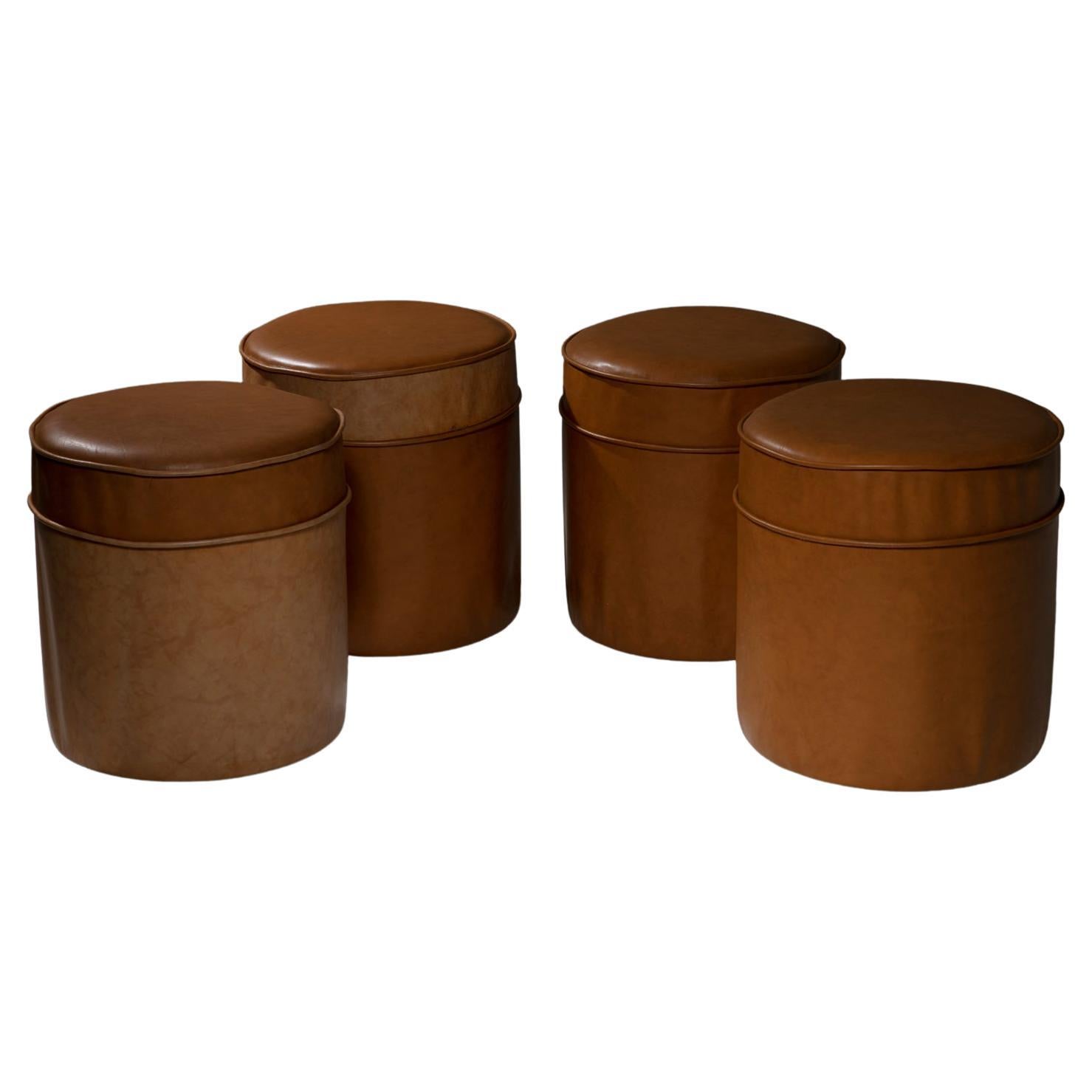 Set of Four Round Leather Stools, Italy, 1970s For Sale