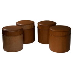 Vintage Set of Four Round Leather Stools, Italy, 1970s