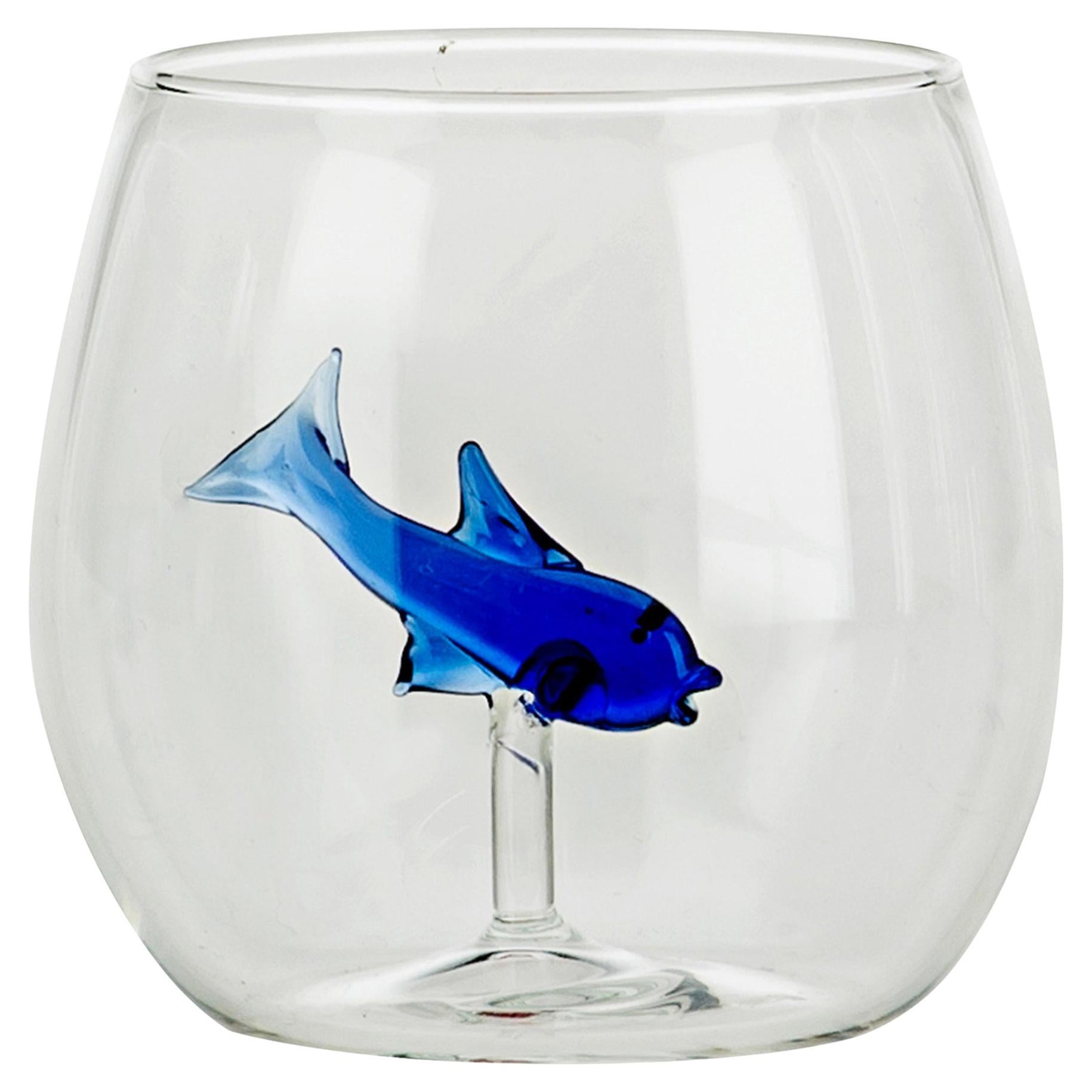 Set of Four Rounded Little Blue Fish Glasses For Sale