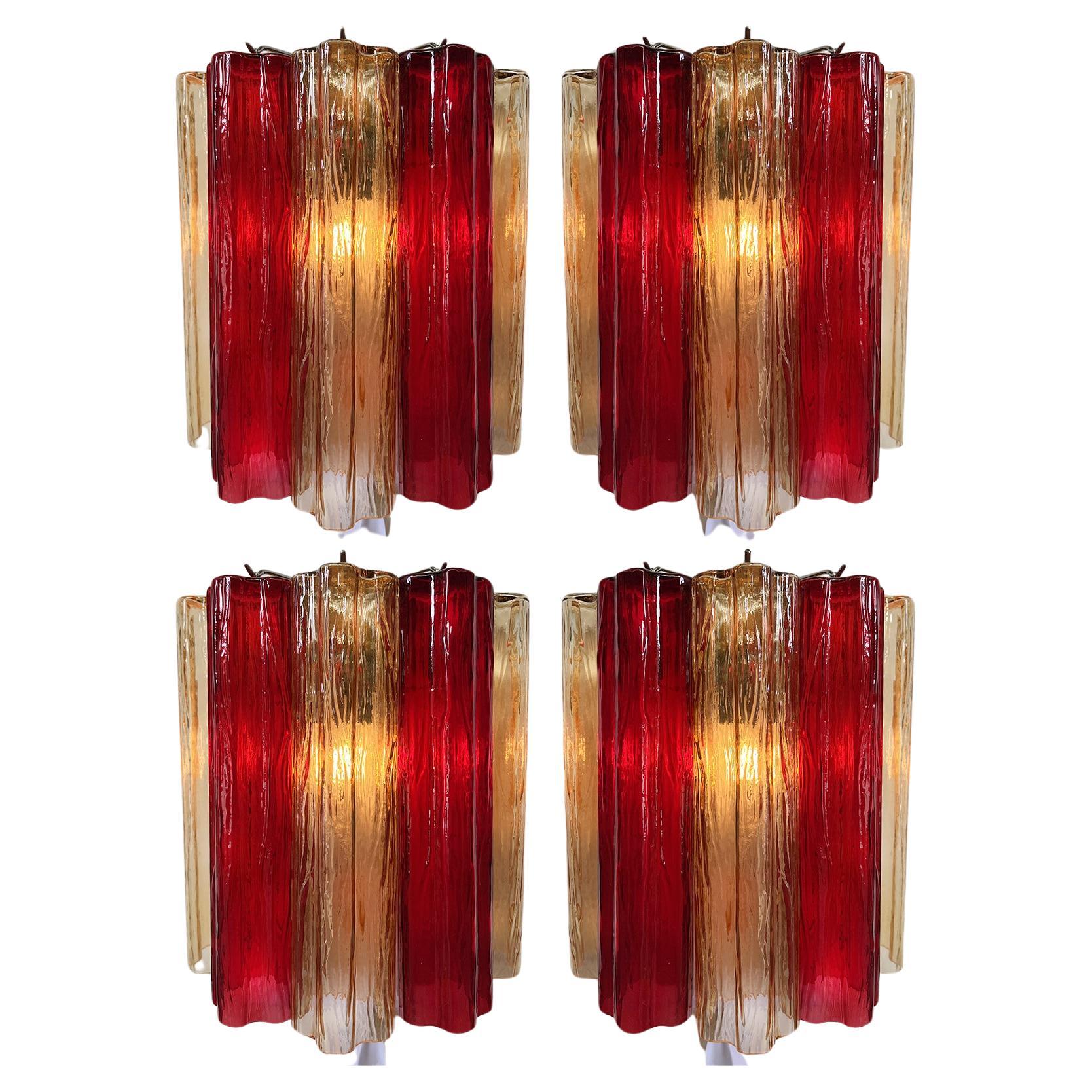 Set of Four Ruby and Amber Color Tronchi Sconces Murano