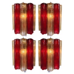 Set of Four Ruby and Amber Color Tronchi Sconces Murano