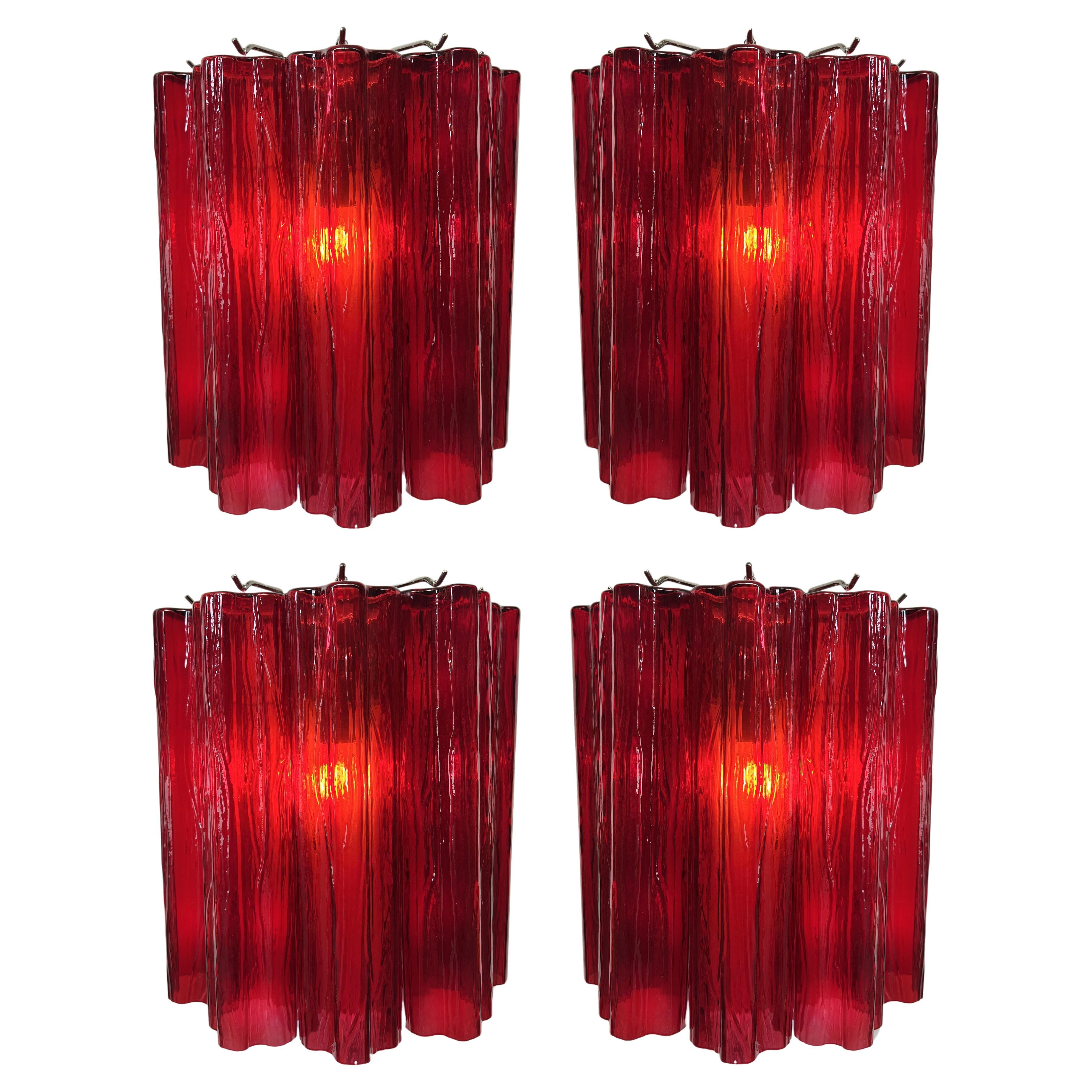 Set of Four Ruby Color Tronchi Sconces Murano For Sale
