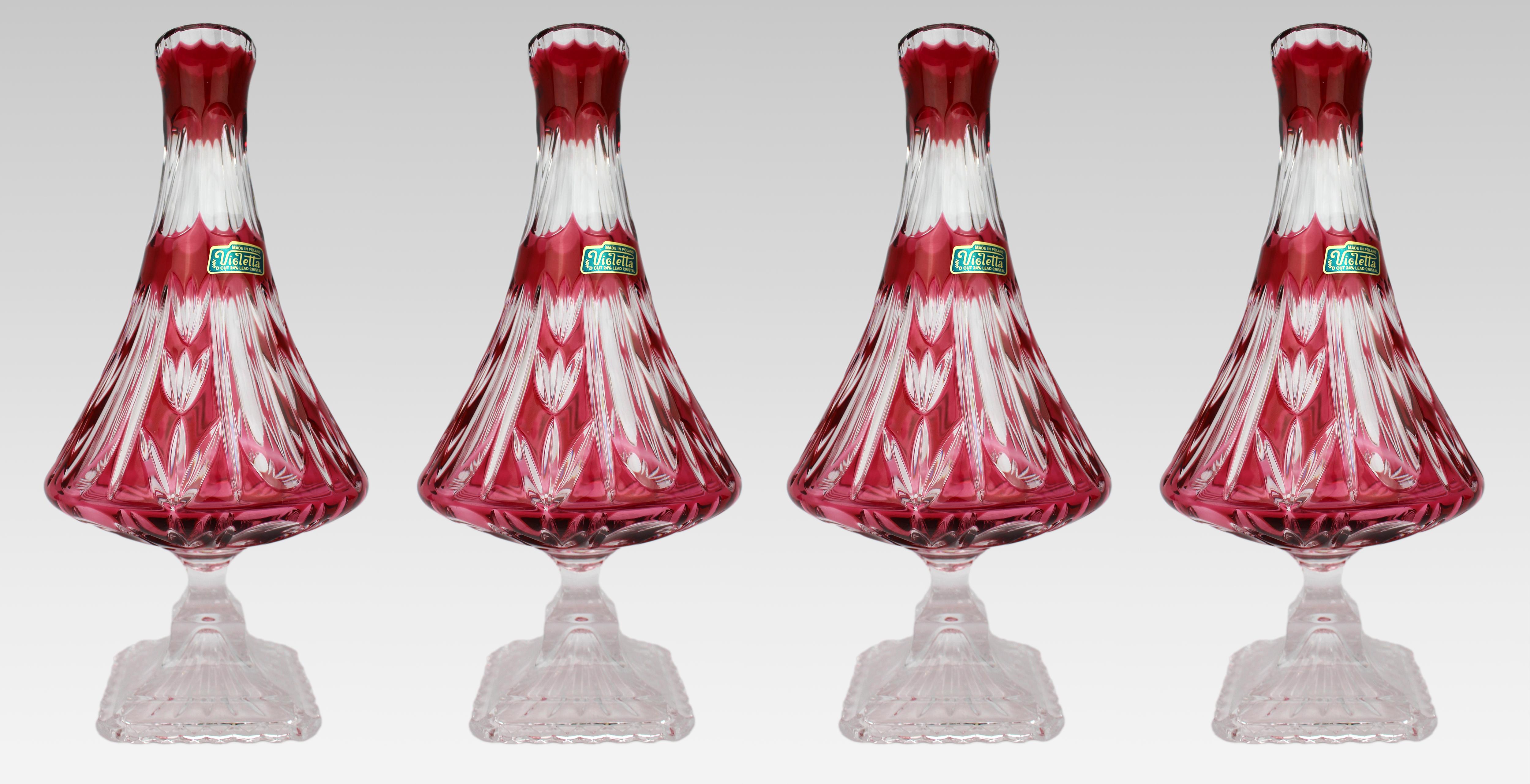 Set of Four Ruby Overlay Crystal Vases by Violetta
A fine and decorative set of four ruby overlay cut-to-clear crystal vases produced by Violetta in Poland during the late 20th century. These elegant vases exemplify the craftsmanship and stylistic