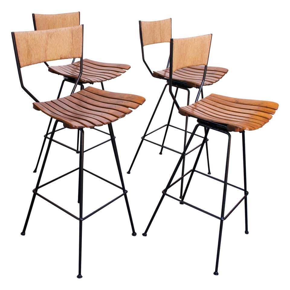 Set Four Sculptural Black Wrought Iron and Persimmon Bar Stools at 1stDibs