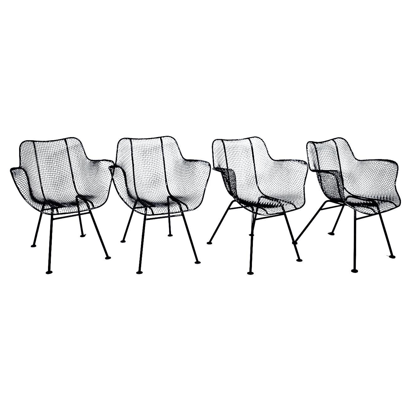Set of Four Russell Woodard "Sculptura" Black Iron Mesh Dining Armchairs, 1950s