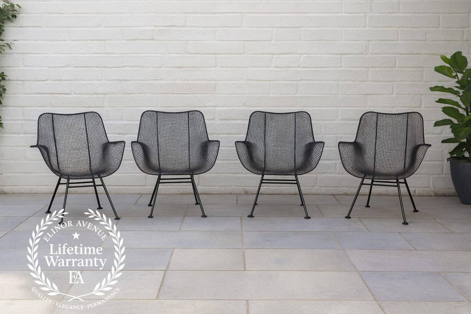 An exceptional matched set of four original Russell Woodard “Sculptura” lounge chairs, designed in 1956 and celebrated as an icon of mid-century modern outdoor design. These museum-worthy pieces are constructed of hand-formed, woven steel mesh over
