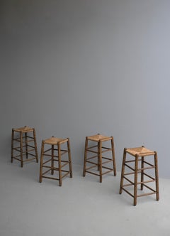 Set of Four Rustic French Mid-Century Modern Counter Bar Stools in Solid Oak