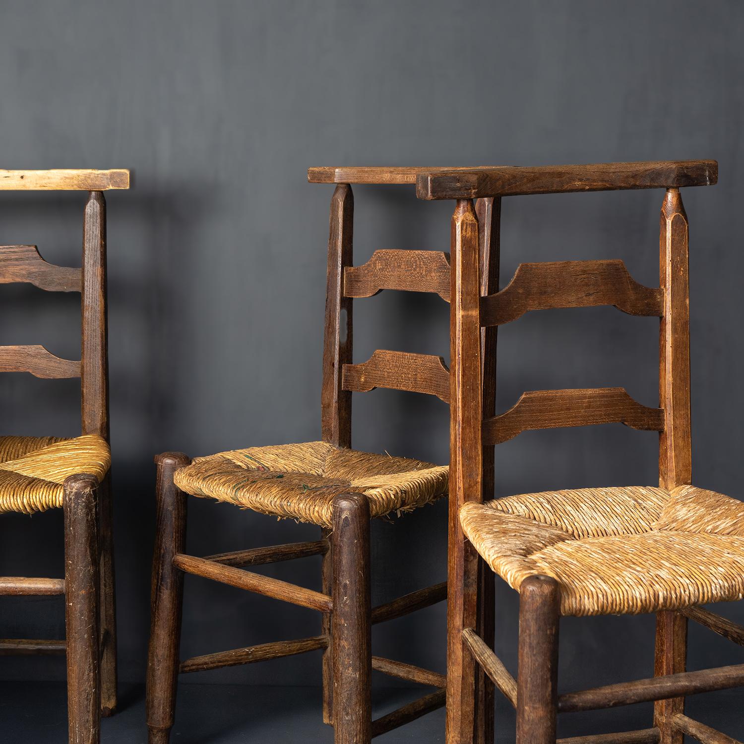 Set of Four Antique Rustic French Rush Seat Chapel Dining Chairs, 1900s 4