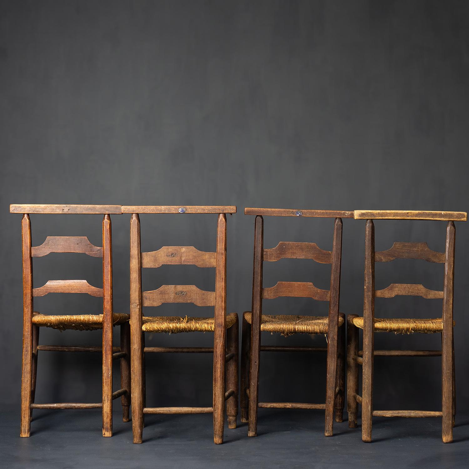 Set of Four Antique Rustic French Rush Seat Chapel Dining Chairs, 1900s 6