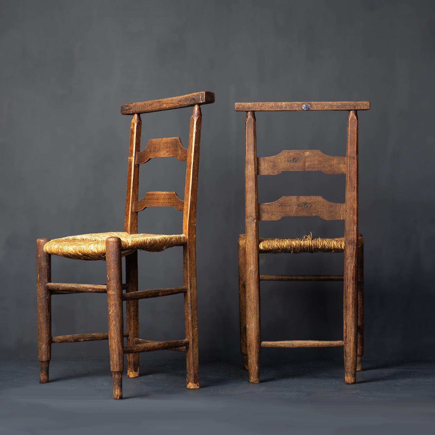 Set of Four Antique Rustic French Rush Seat Chapel Dining Chairs, 1900s 7