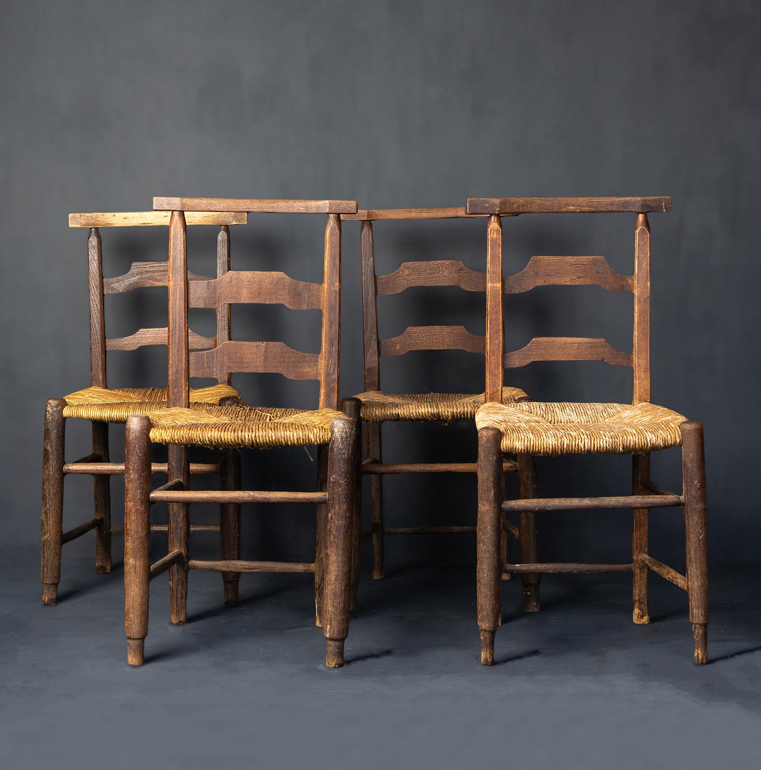 Set of Four Antique Rustic French Rush Seat Chapel Dining Chairs, 1900s 10