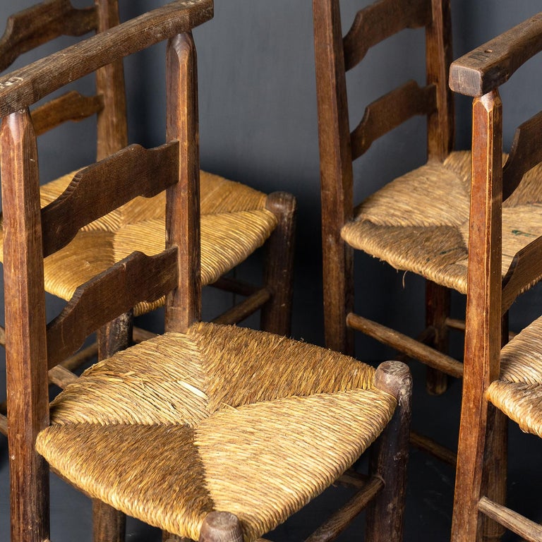 Set of Four Rustic French Rush Seat Chapel Chairs, Early 20th Century ...