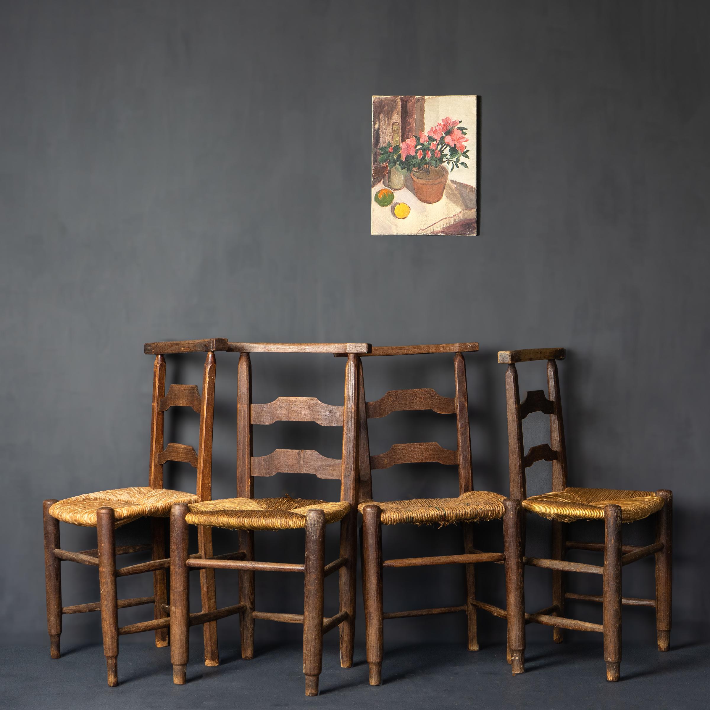 Hand-Crafted Set of Four Antique Rustic French Rush Seat Chapel Dining Chairs, 1900s