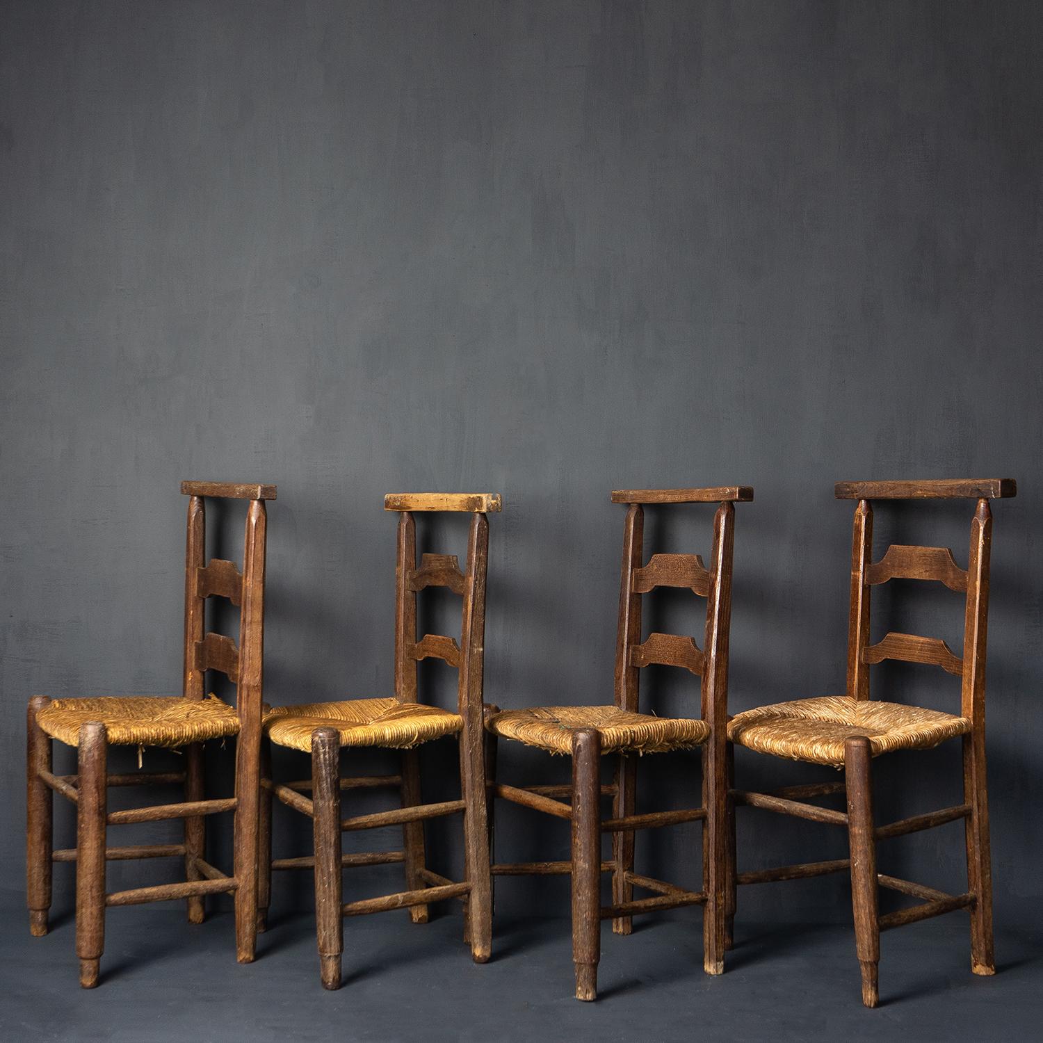 20th Century Set of Four Antique Rustic French Rush Seat Chapel Dining Chairs, 1900s