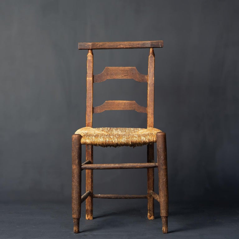 Set of Four Rustic French Rush Seat Chapel Chairs, Early 20th Century