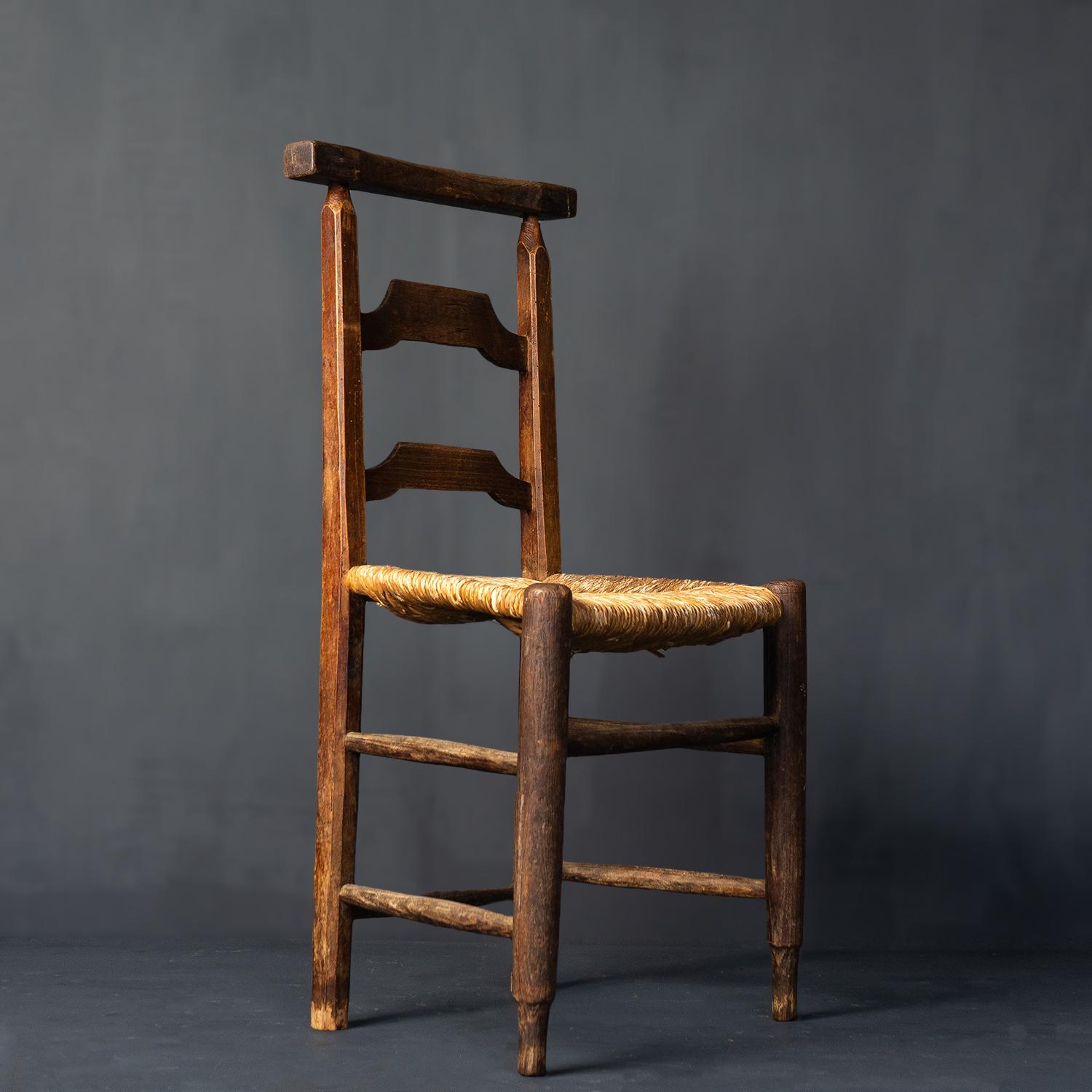 Set of Four Antique Rustic French Rush Seat Chapel Dining Chairs, 1900s 2
