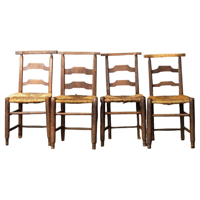Set of Four Rustic French Rush Seat Chapel Chairs, Early 20th Century