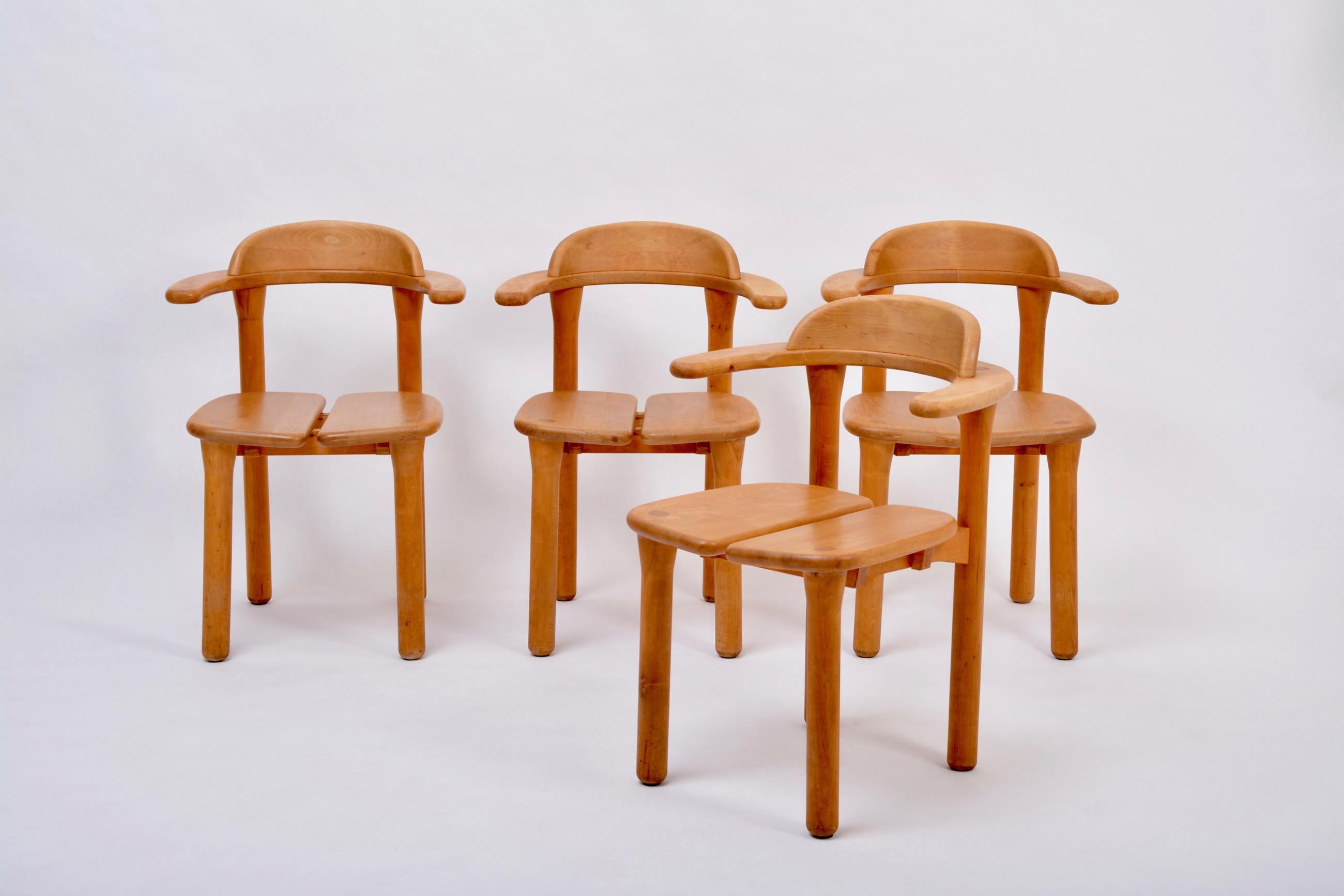 Set of four rustic Scandinavian Mid-Century Modern dining chairs
The design of this set of four chairs reminds of Rainer Daumiller. Beautiful rustic look thanks to the solid beech wood, and the characterful design of the chairs with their sturdy