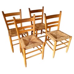 Set of Four Rustic Vintage Oak and Rush Seat Dining Chairs With Ladder Backs 