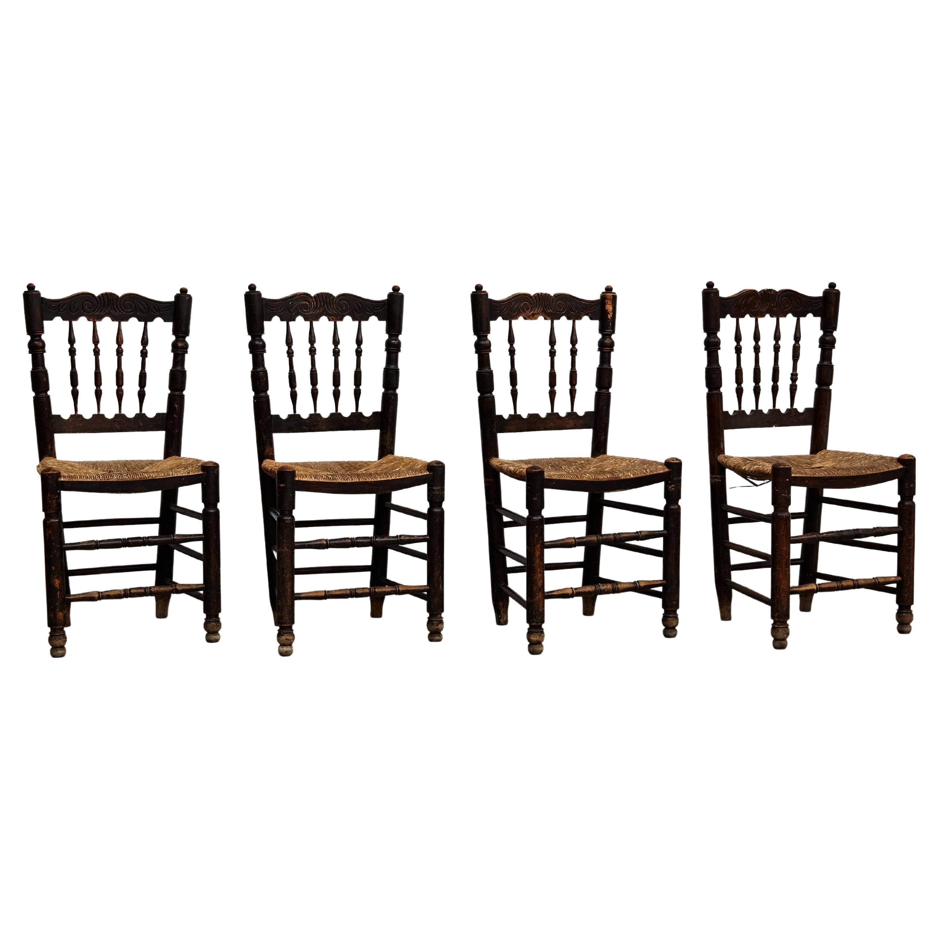 Set of Four Rustic Wood French Chairs, circa 1950 For Sale 13