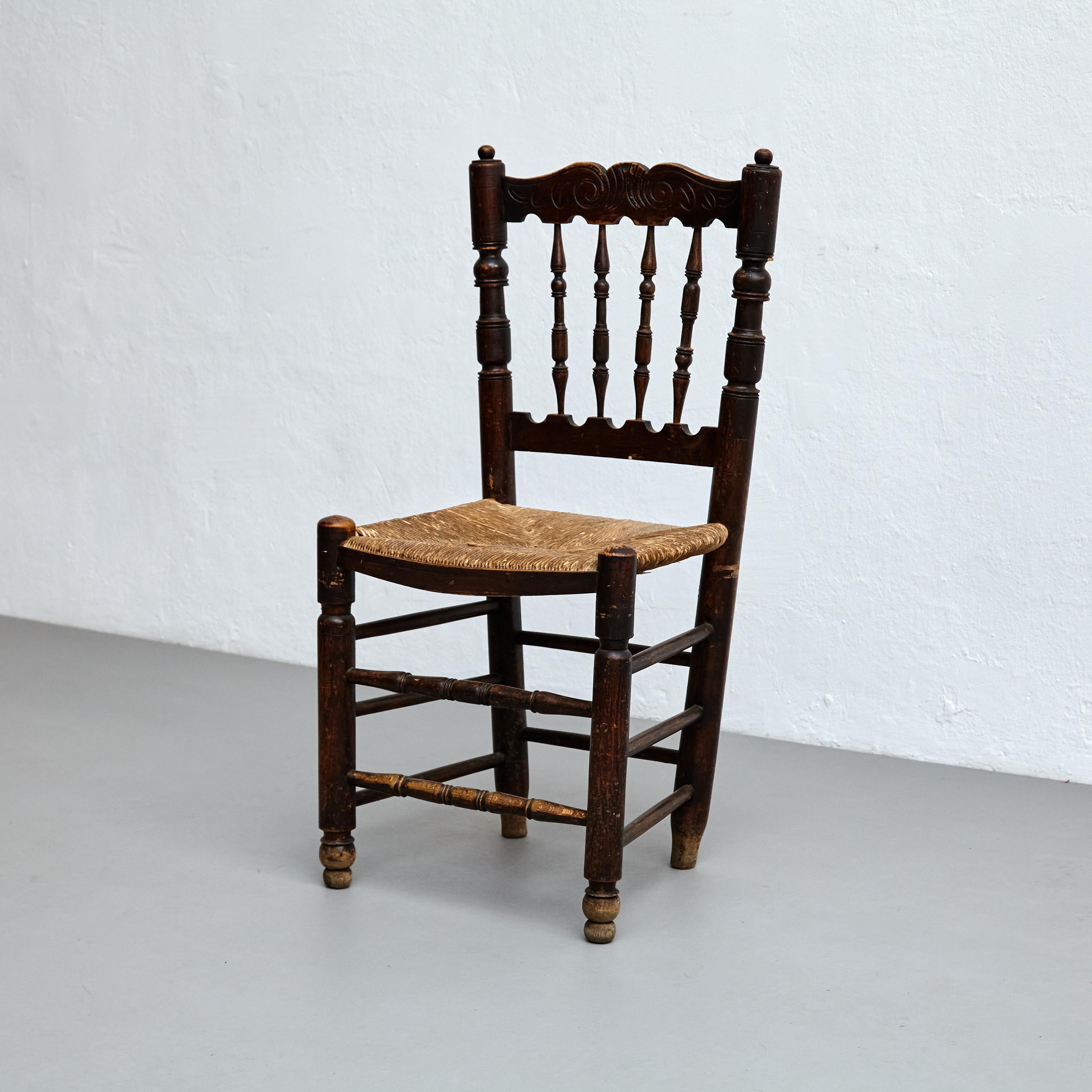 Rattan Set of Four Rustic Wood French Chairs, circa 1950
